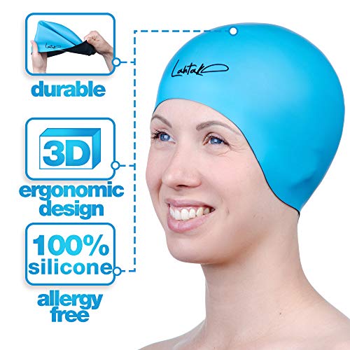 Swim Cap Reversible 3D - Swimming Cap Women Men - Silicone Swim Cap Waterproof- Best for Short and Medium Long Hair - Adult Swim Cap - Youth Swim Cap - Swim Hats (Black & Aqua Blue)
