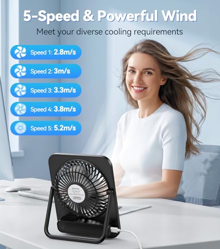 Mini USB Fan, 5 Speeds Table Fan, Very Quiet & Strong, Small Fan with 180° Swivel Stand, Portable Fan for Desk, Travel, Kitchen, Bedroom