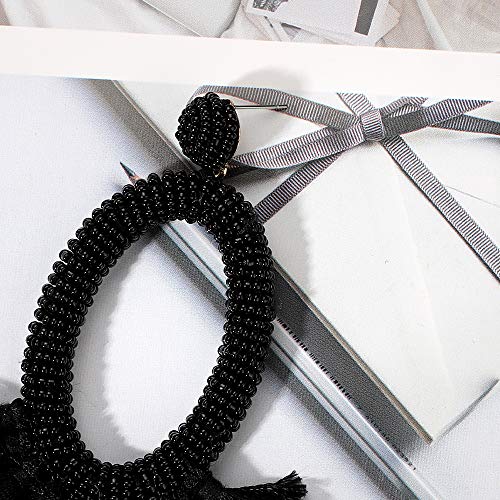 Women's Beaded Tassel Earrings Long Fringe Drop Bohemian Earings Dangle 7 Colors (Bead-Black) - Thumbnail 2