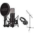 Rode NT1 Signature Series Large-Diaphragm Condenser Microphone (Black) Bundle with MS-5230F Tripod Microphone Stand with Fixed Boom and Polsen Studio Monitor Headphones