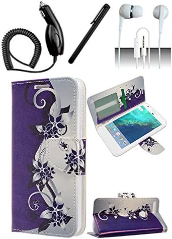 Google Pixel XL Case [Shoparound168] Purple Silver Vines Design Magnetic Wallet Flip Flap Pouch Cover + Car Charger + Stylus Pen + 3.5mm Earphone (Purple Vines)