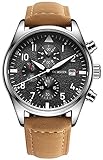 OCHSTIN Aviator Mens Military Chronograph Watch Leather Band Silver Stainless Steel Case Quartz Watches