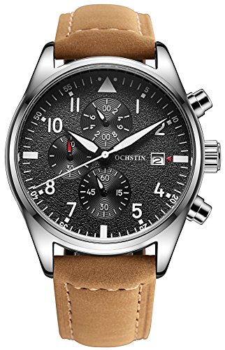 OCHSTIN Aviator Mens Military Chronograph Watch Leather Band Silver Stainless Steel Case Quartz Watches