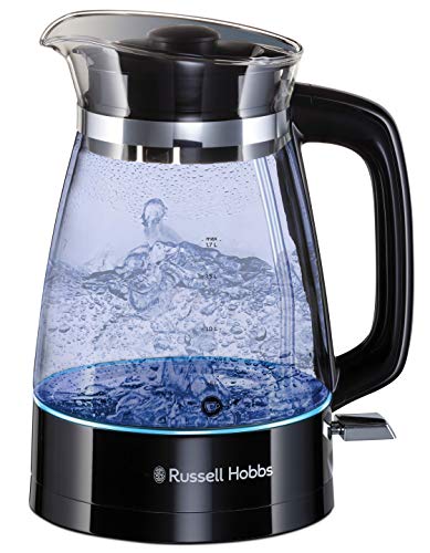 Russell Hobbs 26080-70 Wasserkocher Glas (optimierte Design Ausgusstülle aus Glas, LED Beleuchtung), Classic Design, Boden aus Edelstahl, Trasparente/Nero, 1.7 l, 2400 W