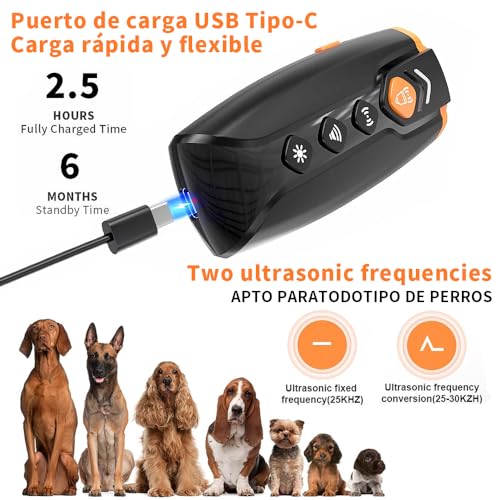 JESWO Ahuyentador de Perros Ultrasonico de 33FT, Alardog para Perros con 2 Ultrasónico Sensors + 2 Linterna LED, Cuatro Modos de Ultrasonidos/Sonido/Linterna LED/Ultrasonidos+Linterna, Recargable