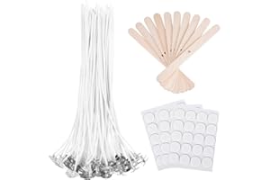 ANTUNIHOD Bulk 8inch Candle Wicks 100 Pcs with 60Pcs Candle Wick Stickers and 10 Pcs Wooden Candle Wick Centering Device for Soy Beeswax Candle Making