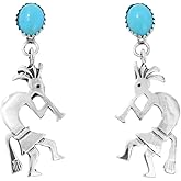 Native American Kokopelli Turquoise Silver Earrings Sterling Post Dangle Design 2475
