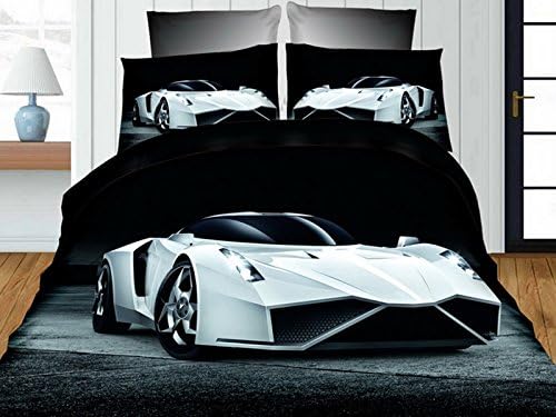 World of Cotton White Car 3D Premium Bedding Set Single Size 4 pcs + pillowcases 50x75 cm + flat sheet