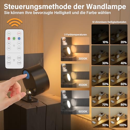 Wandleuchte Ohne Stromanschluss, Akku Wandleuchte mit Fernbedienung 10 Helligkeitsstufen & 3 Farbmodi, LED Wandleuchte Kabellos 360° Drehbar, Akku Wandleuchte Innen Magnetisch,USB Wandlampe 2 Stück