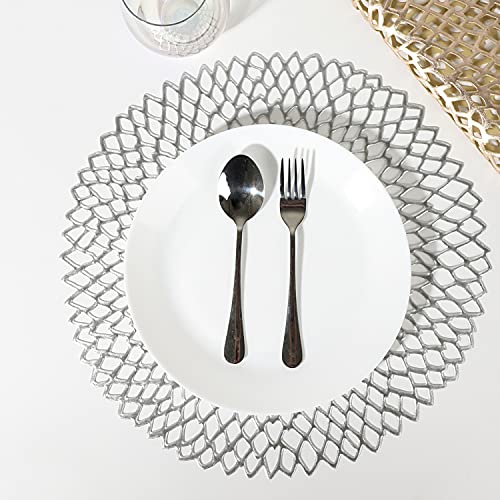 Set of 6, Silver Metallic Vinyl Round Placemats Laminated Plastic