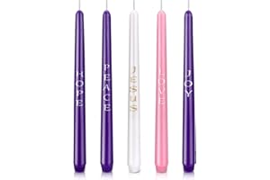 COSIKO Set of 5 Christmas Advent Candles with Words Love, Peace, Hope, Joy, Christ, Dripless Unscented 10 Inch Tall Skinny Wax Taper Candlesticks - 3 Purple, 1 Pink and 1 White