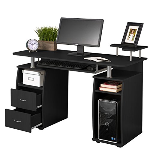 Fineboard Home Office Computer Desk with Raised Side Desktop, Black