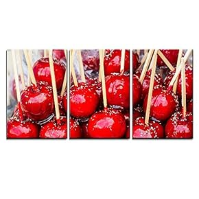3 Piece Canvas Wall Art - Sweet Glazed Red Toffee Candy Apples on Sticks for Sale on Farmer Market or Country Fair - Modern Home Art