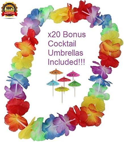 Leis – 50 Quality Leis -THE BEST QUALITY on Amazon!! With FREE Cocktail Umbrellas - Luau Party - Hawaiian Flowers - Soft as Silk - Bright Rainbow ColorsGIANT PARTY PACK 50 Leis - 36" long! - Add to Cart -