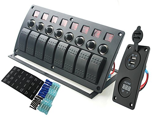 Iztor 8 Gang Waterproof Curved surface Switch Panel with red LED Indicators and 3.1A USB adapter voltmeter for Circuit Breaker with label stickers for Marine Boat Rv truck trailer