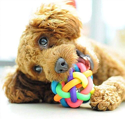 Dog Chew Knot Ball Rainbow Colorful Rubber Cord Woven Toy with Jingle Bell Inside, Dog Cat Training Playing Chewing Smarter Interactive IQ Toys Gift for Pets-Large Size