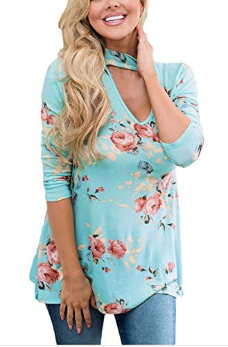 Xinglan Women's Casual V-neck Floral Print Long Sleeve Choker T-shirt Blouse Tops(gree/xxl)