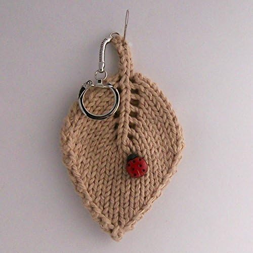 Lucky Ladybug Button on a Leaf Keychain Hand Knit Cotton Camel