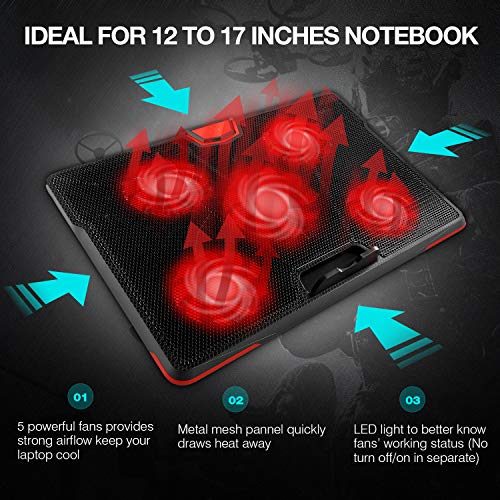 HIRALIY 5 Fans Laptop Cooling Pad 12"-17" Cooler Pad Chill Mat with LED Light Dual USB 2.0 Ports Adjustable Mount Stand (Black+Red)