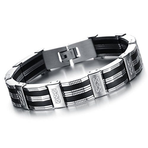 Oidea Mens Stainless Steel Rubber Bracelet Link Wrist Silver Black Tone,8.27 Inch