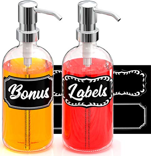 2 Pack - 16 oz - Glass Soap Dispenser with Stainless Steel Pump - Lotion Dispenser - Dish Soap Dispenser - Hand Soap Dispenser - Set of 2 - Clear Glass Bottle - Kitchen Bathroom Liquid Soap Dispenser