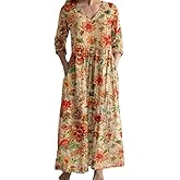 ACWUMU Women's Casual Boho Floral Dress Plus Size V Neck Long Sleeve Flowy Maxi Dresses with Pockets