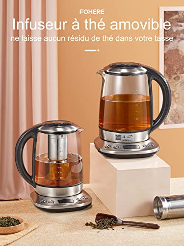 FOHERE Electric Glass Kettle, Adjustable Temperature Electric Teapot, 2200 W, 120 Mins Warm Function, Removable Tea Infuser 1.7 L