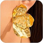 Dainty Big Chunky Gold Flower Petal Earring for Women, Statement Large Silver Pleated Floral Stud Earrings Y2K Fashion Holiday Prom Party Jewelry Gift