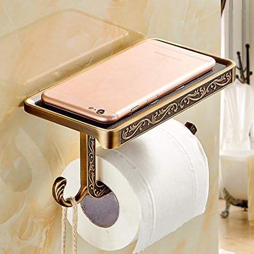 Toilet Paper Roll Holder, Wall Mounted Vantage Bathroom Tissue Rack With Mobile Phone Storage Shelf and Keys Hook, Retro Lavatory Organizer Accessories (Brass)