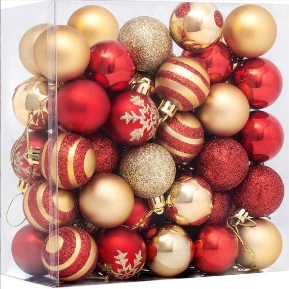 CZMAO Plastic Christmas Baubles Set, 50 Pieces 4 cm Christmas Tree Baubles Decoration Christmas, Christmas Tree Decorations with Hanger, Shatterproof, Outdoor Indoor (Red and Gold, 50)