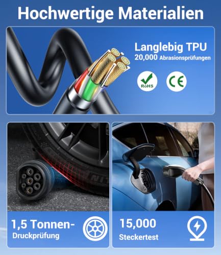 Type 2 Charging Cable Schuko 3.7 kW - 7 m | 6-16 A | 1-Phase Portable Charging Cable Car, Adjustable Charging Power, Setting Start Time, LCD Display, IP65 Waterproof, for All EVs (IEC 62196-2) & PHEVS