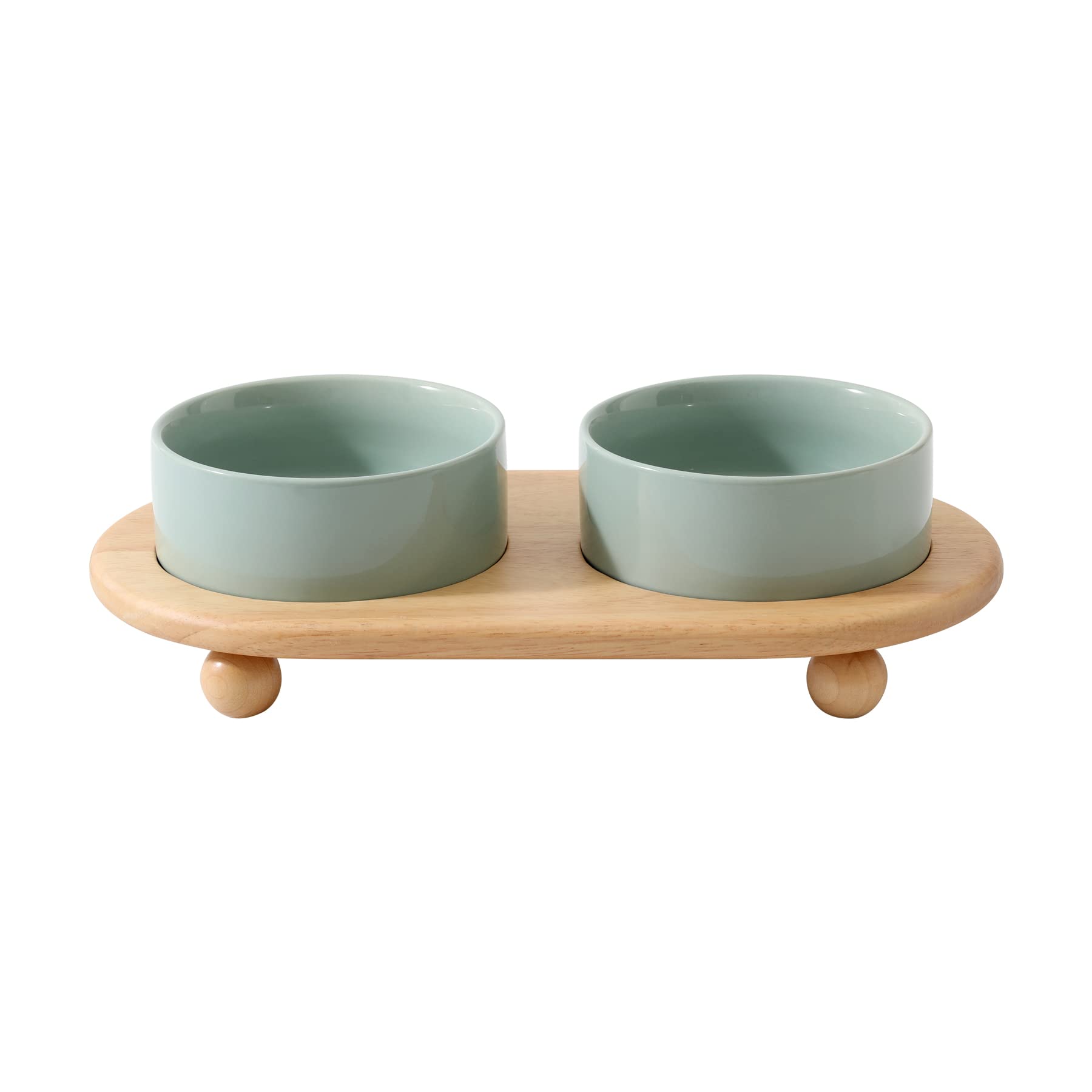 Photo 1 of Havniva Ceramic Elevated Cat Food and Water Bowl, Kitty Bowl, Raised Cat Dish, Pet Feeder (5.1 in, 2 x Light Green + Stand)