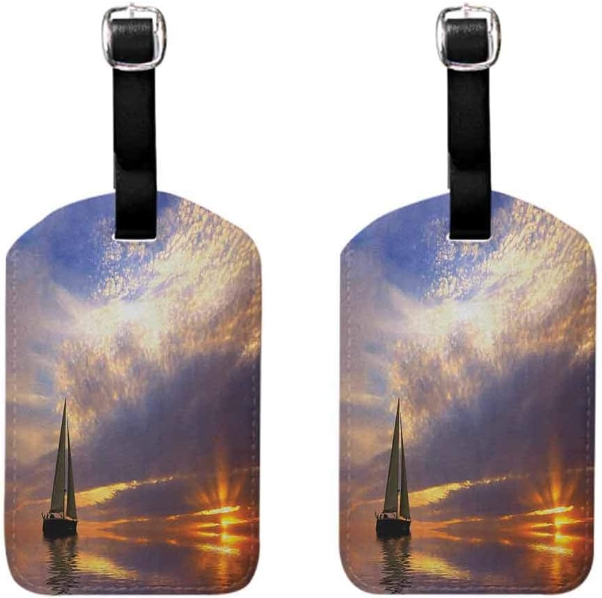 Sailboat Luggage tag Multi-patterned (Pack of 2) Suitable for travel Sailing with Sunset Sunbeams on the Horizon Romance Honeymoon Destination Marigold Bluegrey