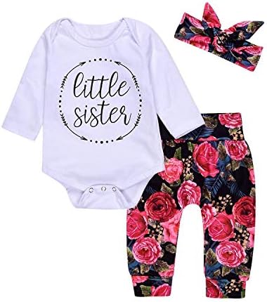 3Pcs Baby Girls Little Sister Arrows Romper Top+Floral Pant+Headband Infant Playsuit Clothes