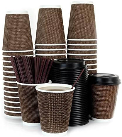 120 Count - 12oz Disposable Paper Hot Coffee Cups with Lids and Stirring Straws To Go - Premium Material, Non-leaking, Biodegradable, and Eco-Friendly