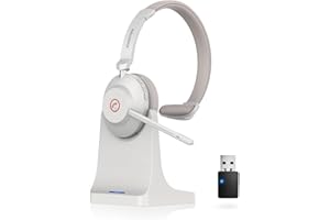 VONZTEK Bluetooth Headset, Wireless Headset with Mic Mute & USB Dongle, 45H+ Wireless Headphones with Microphone Noise Canceling & Charging Dock for Work/Office/PC/Meeting/Zoom/Skype/MS Teams