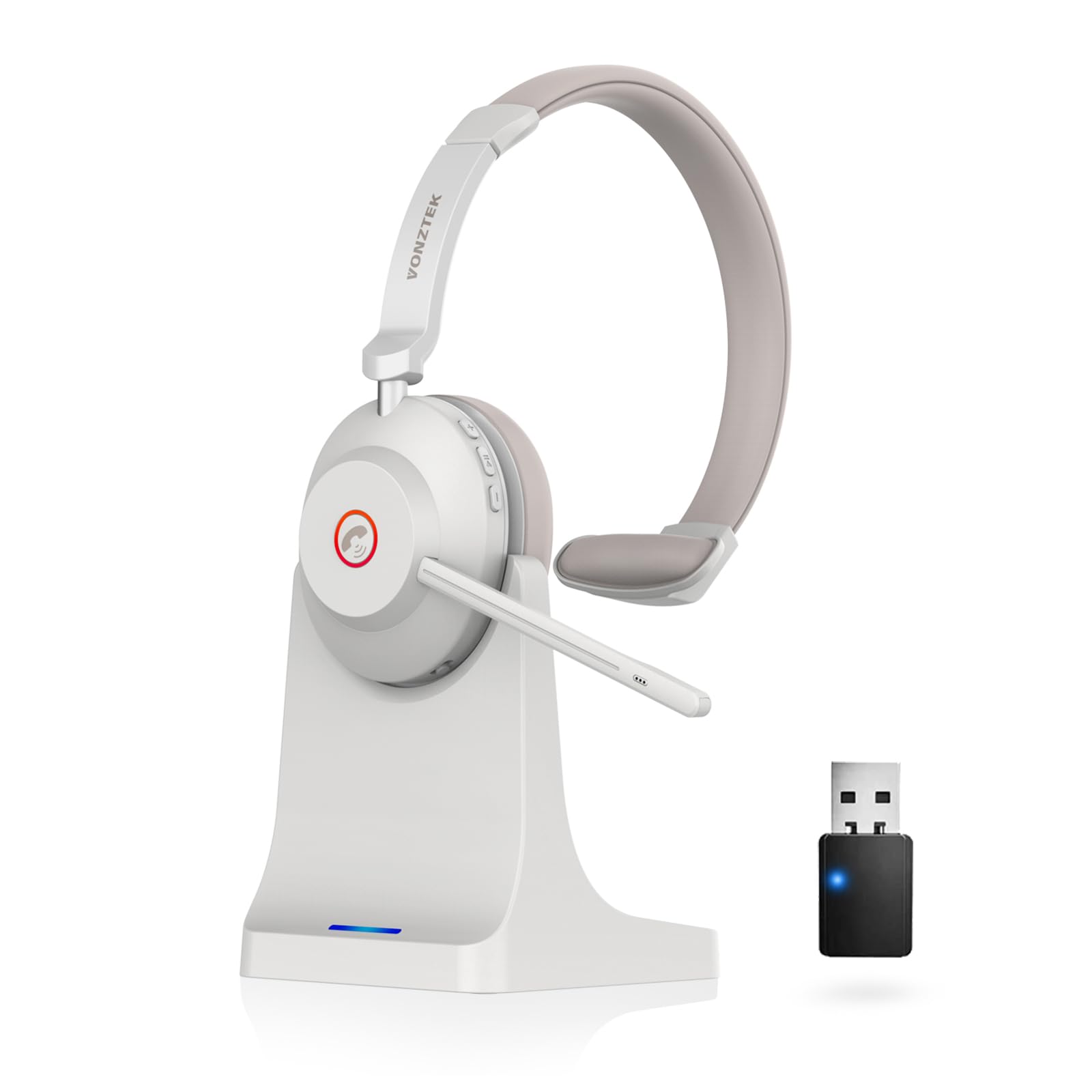 With Mic PrancyBt Bluetooth Headset, V5.2 With AI Noise Cancellation Microphone, On Ear Headphones With Charging Base & Bluetooth Adapter, For Computer Home Office Call Center Zoom Skype Wireless Headset