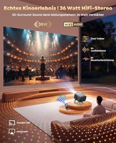 Smart Projector Google TV/360° Rotatable: 4K Projector with Auto Focus/6D Keystone Correction, 1080P Full HD WiFi6 & Bluetooth Home Cinema / Outdoor
