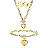 coadipress 3 Pairs Heart Jewelry for Women Dainty Gold Silver Plated Heart Pendant Chain Toggle Necklace with Bracelet Earrings Trendy Wedding Jewelry Set