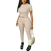 ZFLM Casual Workout Two Piece Outfits for Women Fitted Crew Neck T-shirt High Waist Pants Matching Sets Streetwear