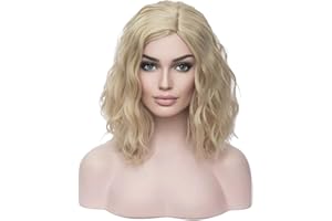 BERON 14" Women Girls Short Curly Bob Wavy Wig Body Wave Halloween Cosplay Daily Party Wigs (Blonde)