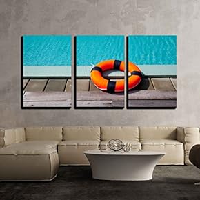 3 Piece Canvas Wall Art - Lifebelt at The Pool - Modern Home Art Stretched and Framed Ready to Hang - 16"x24"x3 Panels