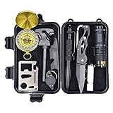 Outdoor Survival Gear Kit,10 in 1 Professional Emergency Survival Tool Kit with Fire Starter Whistle Survival Knife Flashlight Tactical Pen etc for Traveling Hiking Biking Climbing Hunting