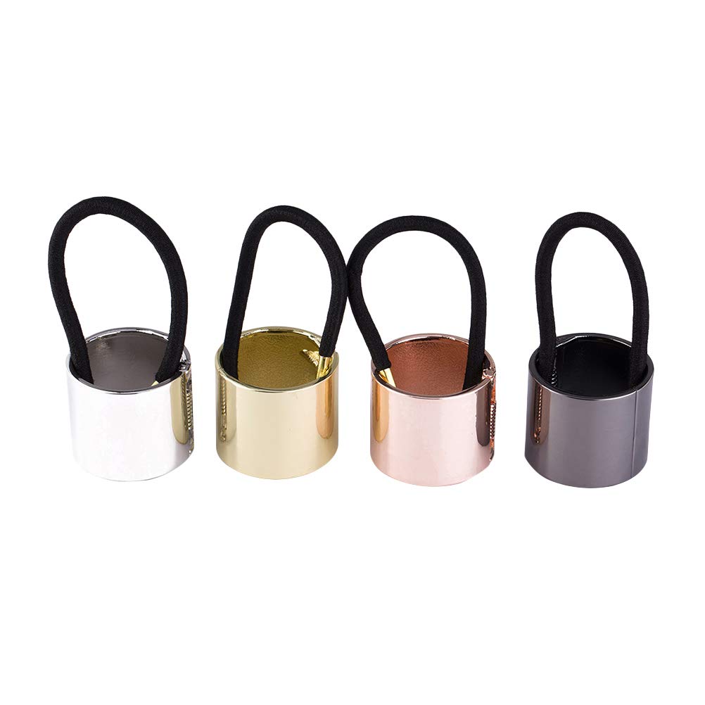 Lurrose Hair Band Metal Ring Elastic Hair Rope Band Ponytail Holder Hair Accessory for Women Pack of 4 (Black, Silver, Golden, Rose Gold)