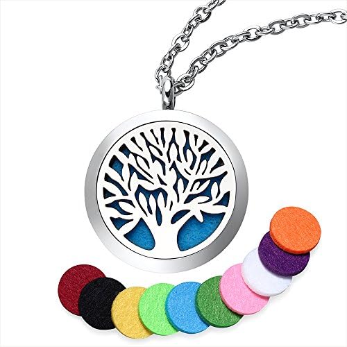 Aromatherapy essential oil diffuser Pendant necklace 24 "chain and 10 pieces washable pads (Tree Of Life) (silvery)