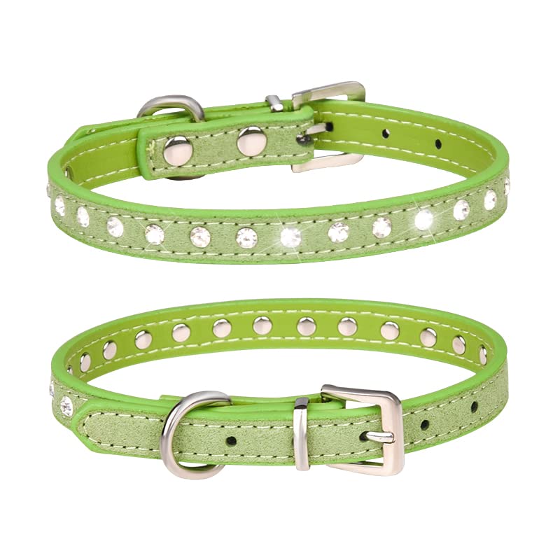 haoyueer Cute Dazzling Sparkling Elegant Fancy Suede Leather 1 Rows Bling Rhinestone Crystal Jeweled Small Pet Cat Dog Puppy Collar … (S, Green)