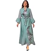 IDOPIP Abayas for Women Muslim Long Sleeve Embroidery Applique Maxi Kaftan Dresses Casual Loose Full Cover Islamic Dubai Robe