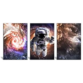 3 Panel Canvas Wall Art - Space Theme with The Universe Cosmic Dust and The Astronaut - Giclee Print Gallery Wrap Modern Home Art Ready to Hang - 16"x24" x 3 Panels