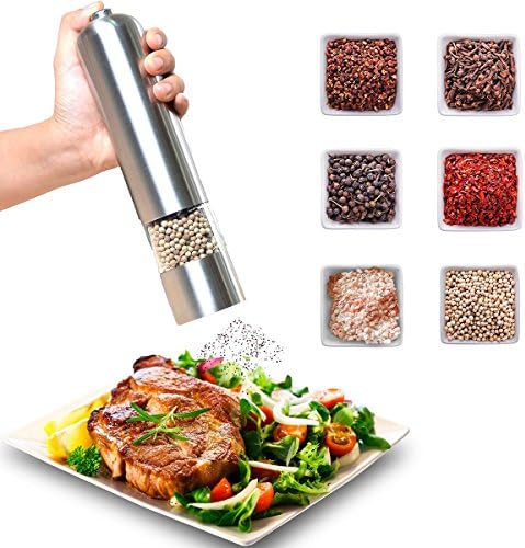 Salt and Pepper Grinder, Electric Pepper Shaker Mill, Kitchen Adjustable Stainless Steel Battery Powered, Spice Muller with Clear Acrylic Window Ceramic Grinder Core Automatic Led Light