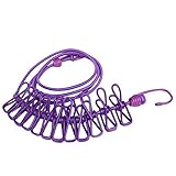 Portable Clothesline Rope , YESSHOW Travel Home Stretchable Clothesline Windproof Elastic Hanger Anti-skid Adjustable Laundry Line for Indoor Outdoor Drying Clothes Towels with 12 Clothespins [Purple]